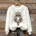 Lovely Raccoon & Snow Embroidered Cozy Plush Sweatshirt