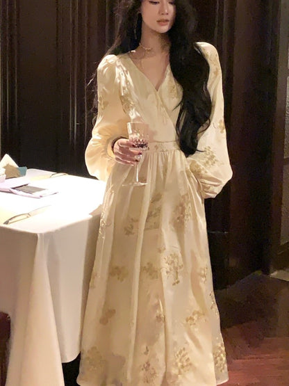 Printed Midi Dress Lantern Sleeve V-neck Autumn French Female Evening Party Prom Robe Vestidos Mujer New