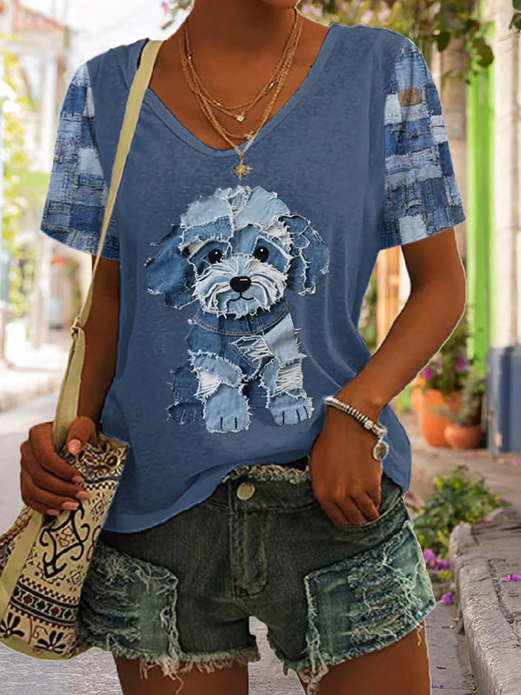 Comstylish Women's Retro Funny Animal Dog Print V Neck T-shirt