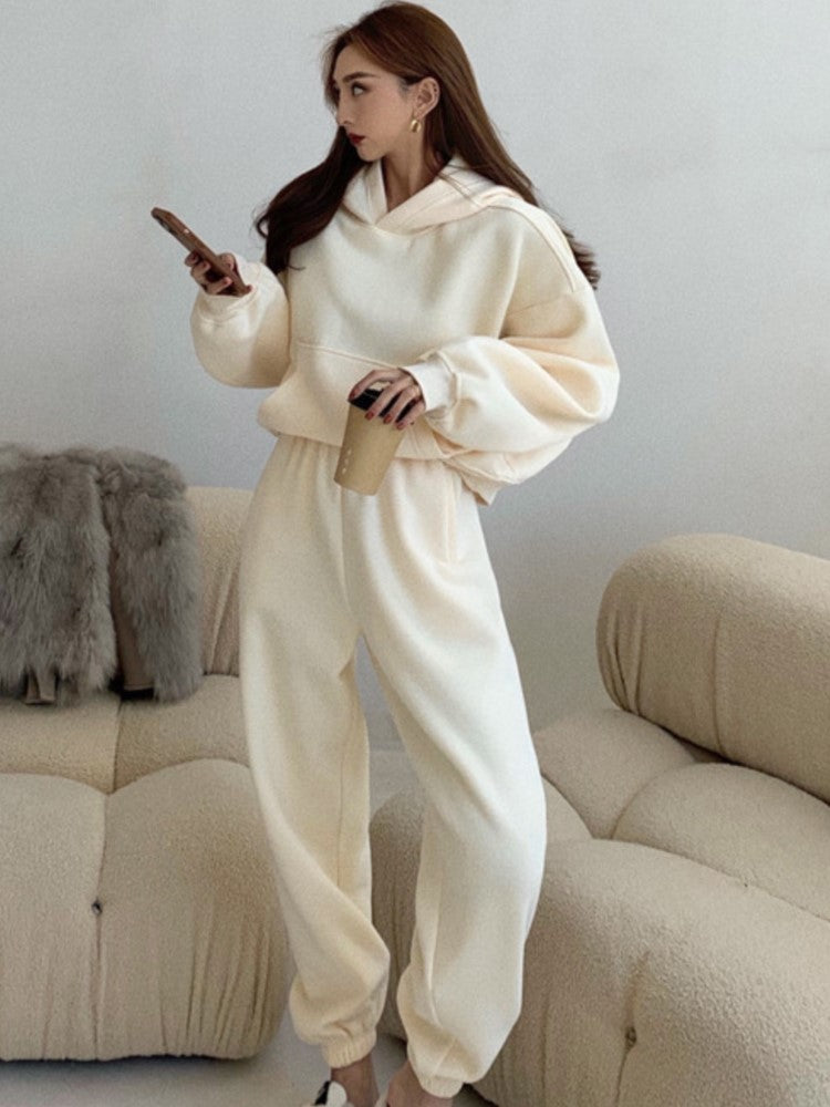 Spring Fleece Cotton 2 Pieces Sets Hoodies Sweatshirt Tracksuit Pullover Female Pants Suits Plus Sport Home Outfits