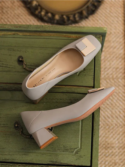 Square Buckle Chunky Square Mid Heel Shoes