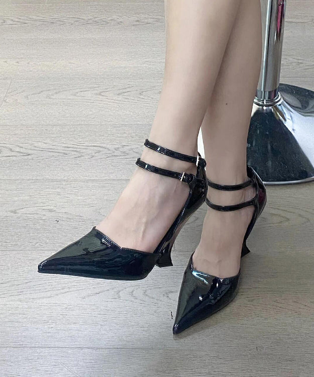 Black Splicing Buckle Strap Wedge Sandals Pointed Toe Oi023