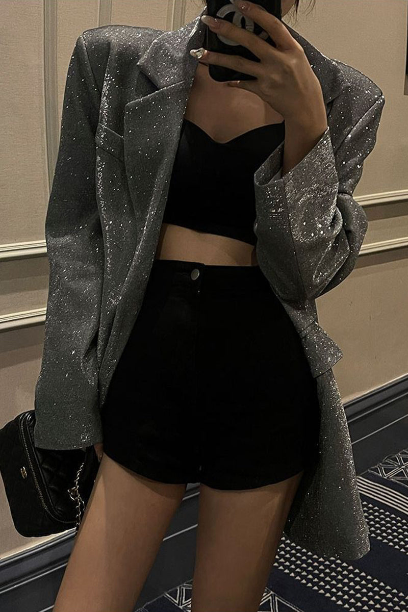 British Style Sequined Turn-back Collar Overcoat