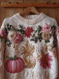 Pumpkin And Maple Leaf Plush Warm Round Neck Sweater artswardrobe