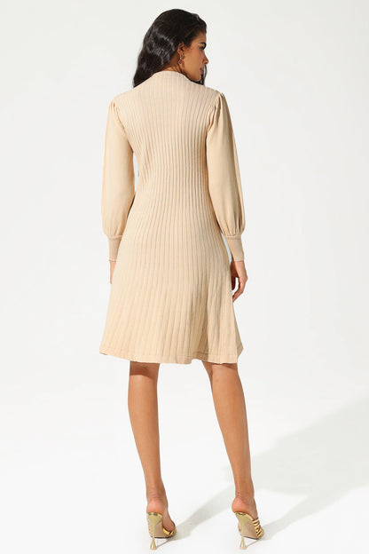 Knit Long Sleeve Pleated Buckle Slim Midi Dress