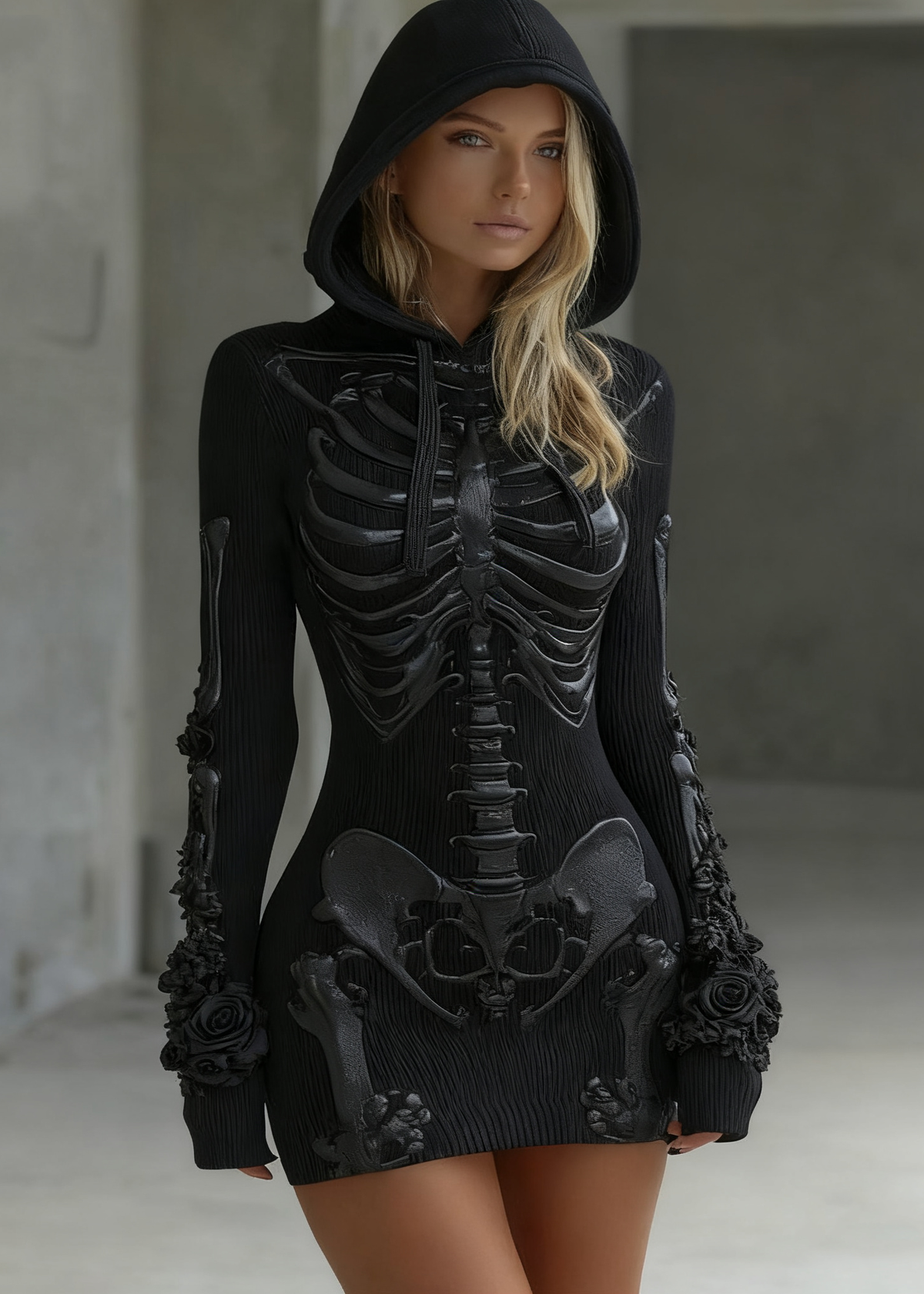 Comstylish Women's Vintage Halloween Skeleton & Rose Art Cozy Hooded Dress