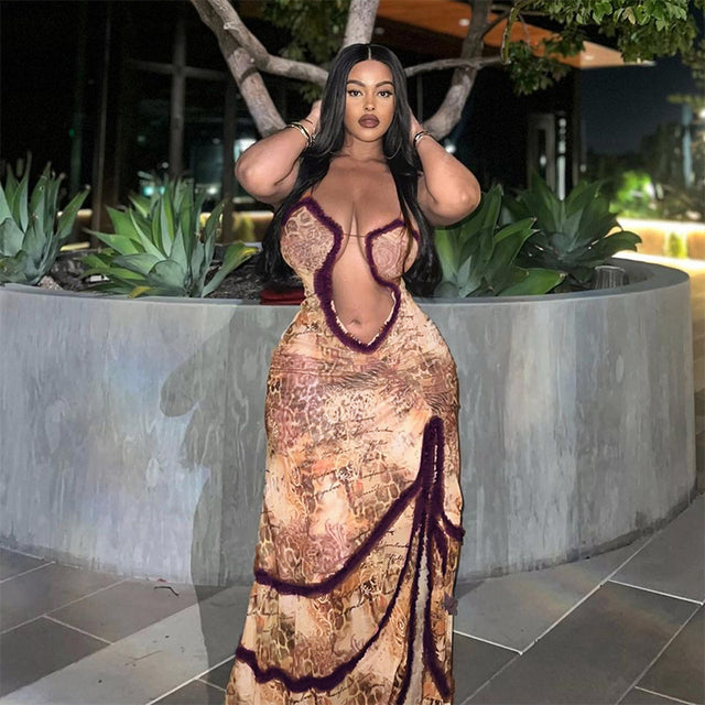 Noble Furry Halter Sleeveless Hollow Dress Camisole Shrunk Split Wave Cut Dress Prom Occasion Evening Gown