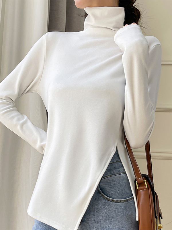 Skinny Long Sleeves Split-side Color High-neck T-shirts Tops