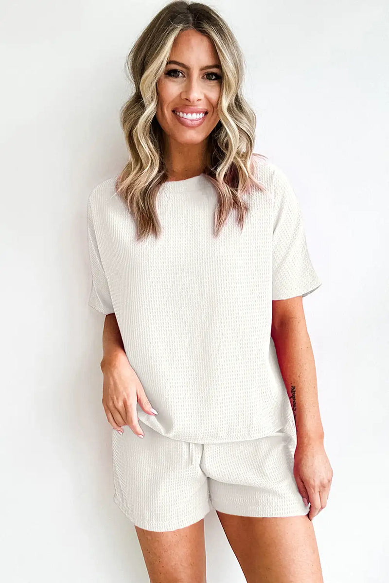 White Waffle Knit Shorts Set