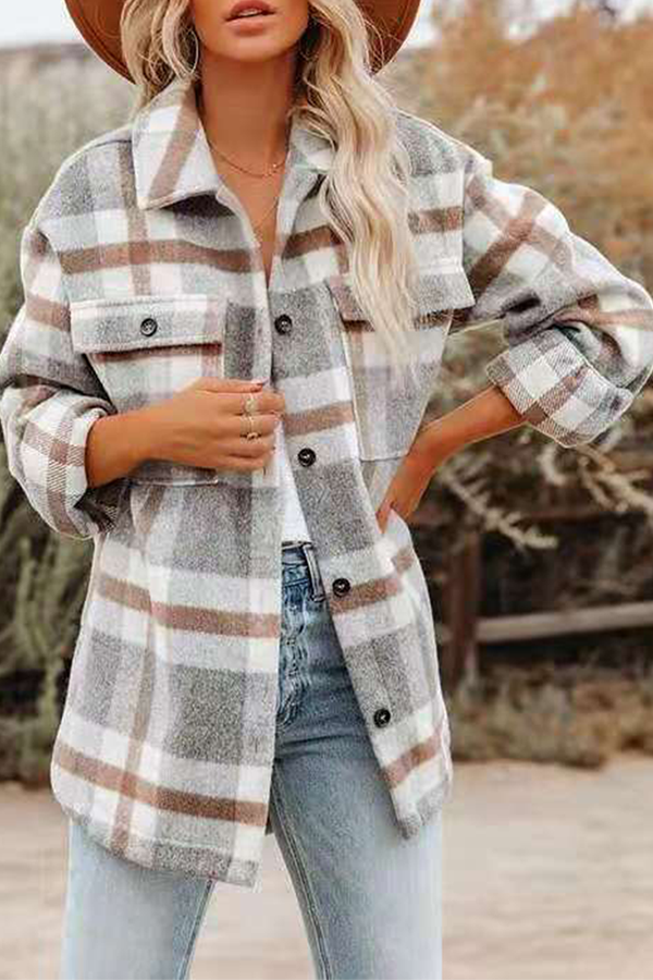 Plaid Pocket Buckle Turndown Collar Outerwear(8 Colors)