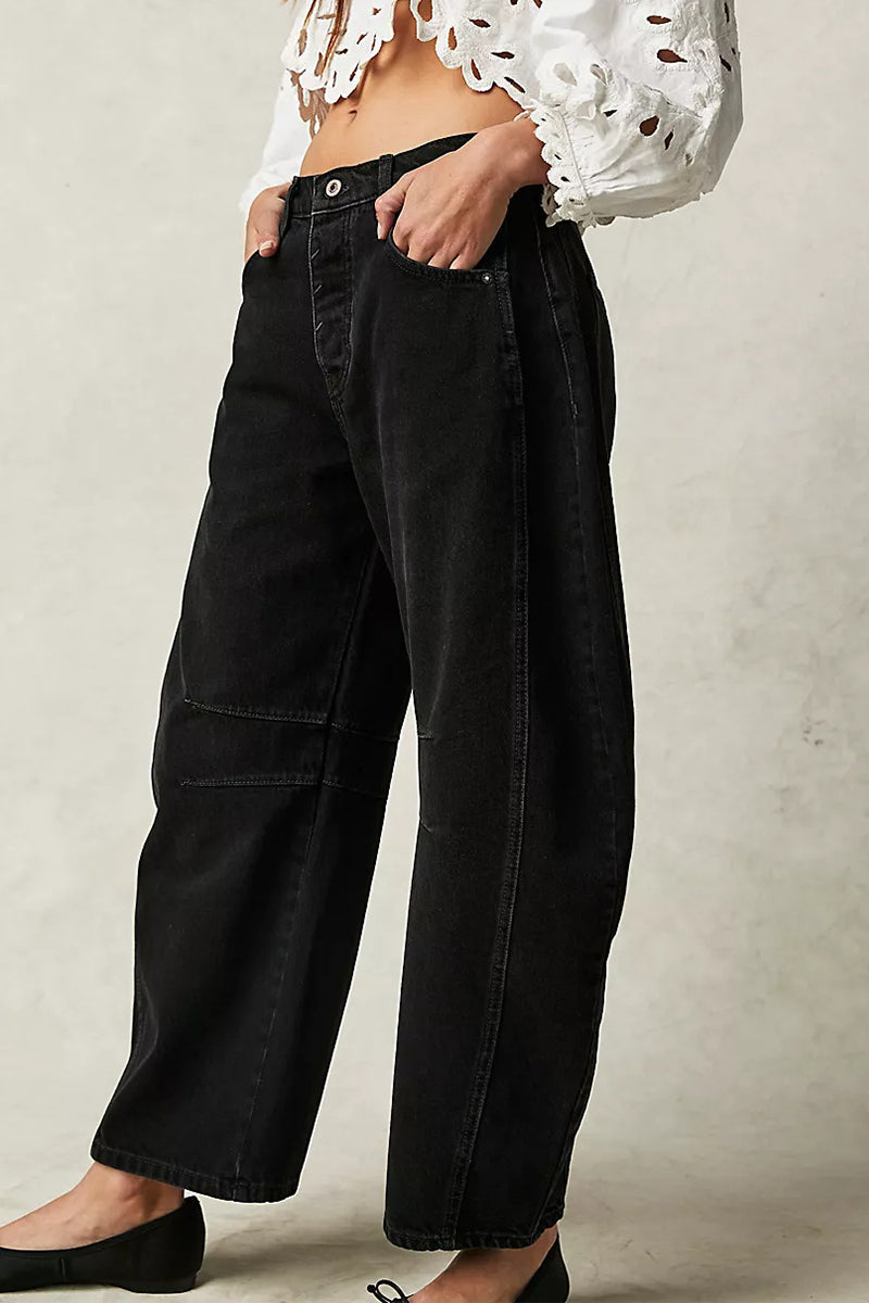 Pocket Without Belt Mid Waist Loose Denim Jeans(no Belt)