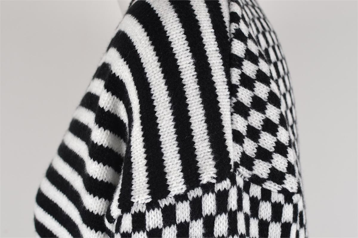Autumn Winter Knitted Plaid Stitching Striped Cardigan Coat Sweater