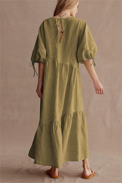 Lantern Sleeve Crew Collar Lace Up Maxi Dress
