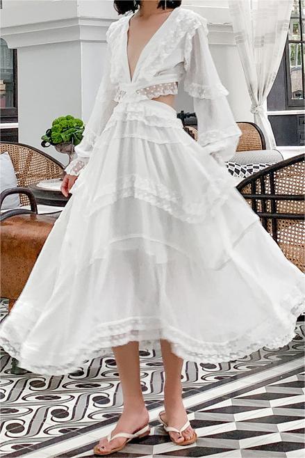 Long Sleeve V-neck Cut-out Backless Lace Up Midi Dress White