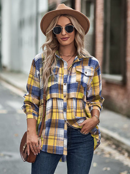 Loose Checkered Lapel Blouses&shirts Tops