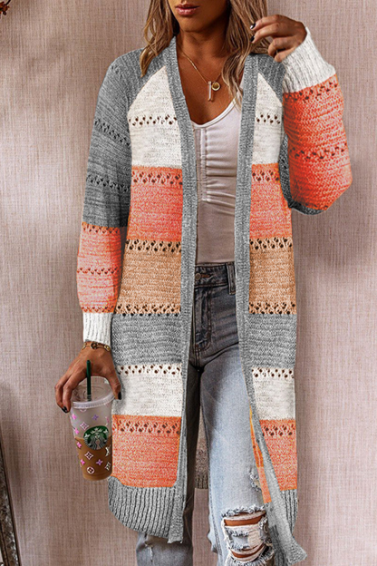 Patchwork Hollowed Out Cardigan Collar Outerwear