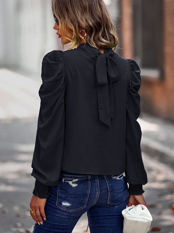 Long Sleeves Puff Sleeves Pleated Color Half Turtleneck Blouses&shirts Tops