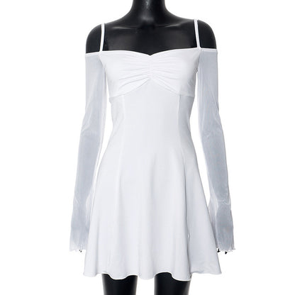 Trauxy Mesh Ruffles Splicing Suspender Mini Dress for Off Shoulder Long Sleeve See Through Bodycon Dress Hot Summer