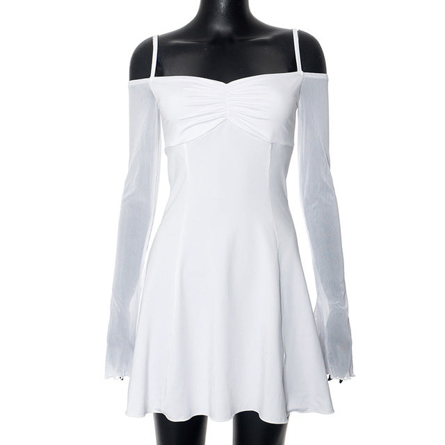 Trauxy Mesh Ruffles Splicing Suspender Mini Dress for Off Shoulder Long Sleeve See Through Bodycon Dress Hot Summer