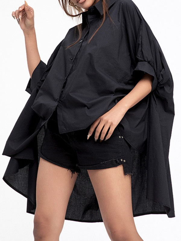 Batwing Sleeves High-low Color Lapel Blouses&shirts Tops