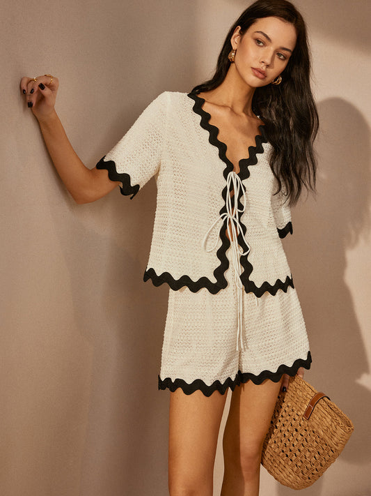 Contrast Trim V-neck Shorts Set