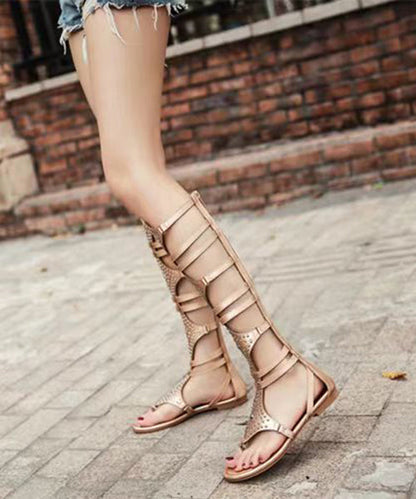 Stylish Gold Hollow Out High Barrel Flat Bottomed Rivet Roman Sandals Kj060