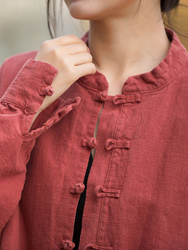 Batwing Sleeves Loose Chinese Frog Buttons Pleated Color Split-joint Stand Collar Blouses