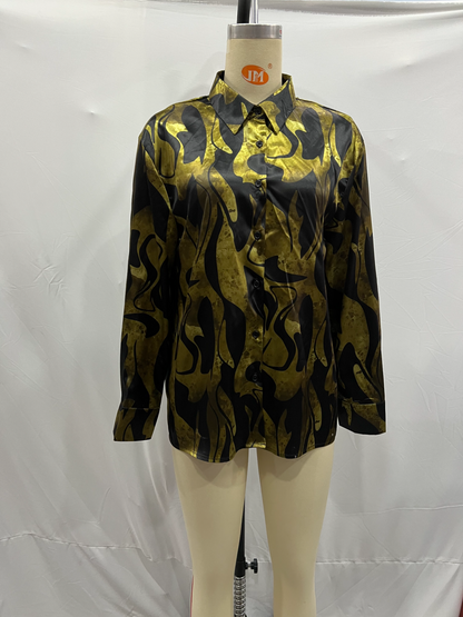 ’s Silk Satin Texture Printed Long Sleeve Shirt – Blouse
