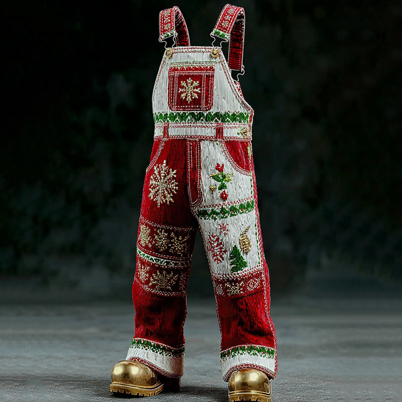 Comstylish Men's Retro Christmas Snowflake Holly Berry Embroidered Jumpsuit