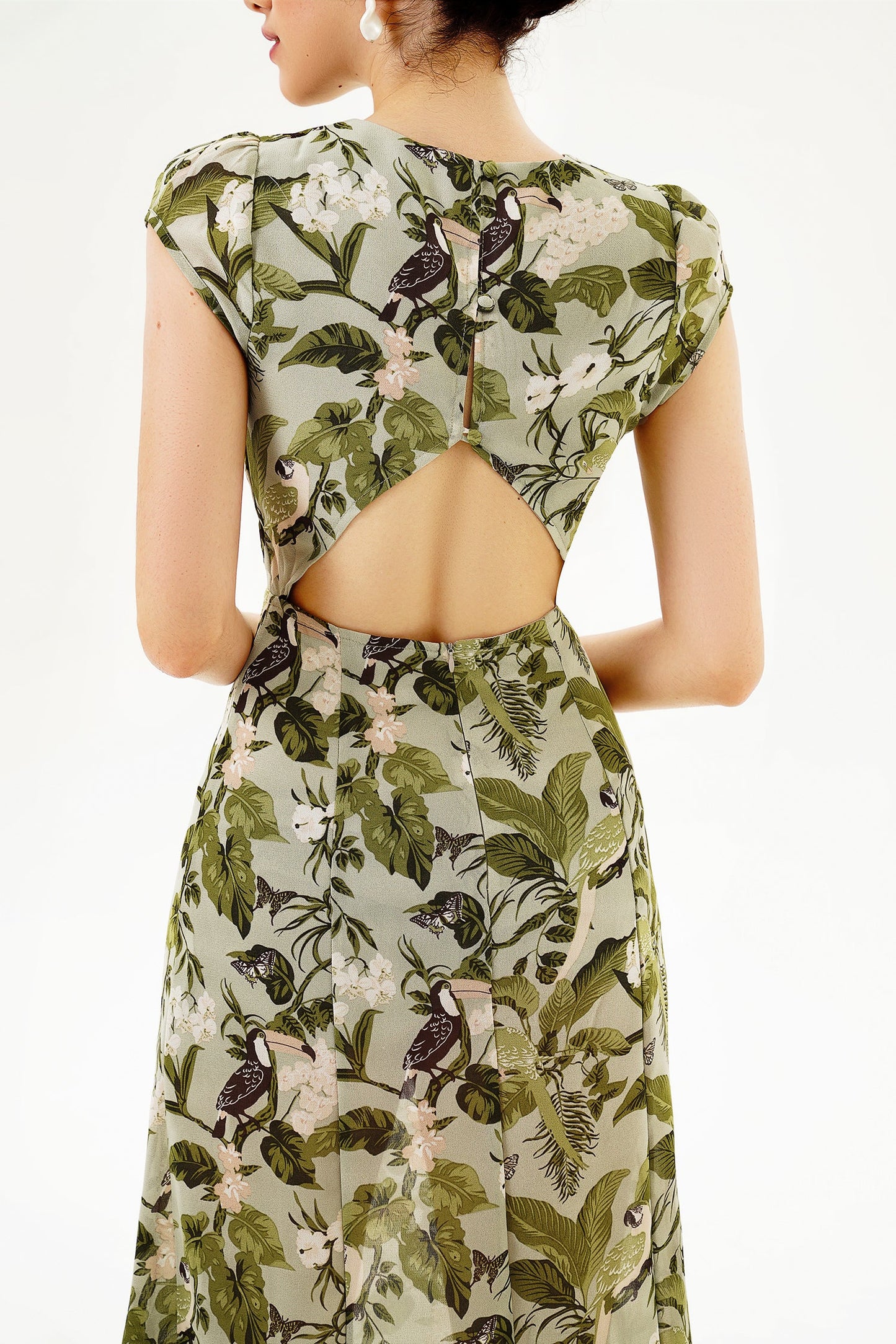 Backless Cut-out Slit Print Midi Dress Green