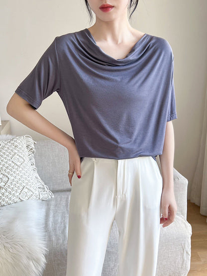 Short Sleeves Pleated Color Heaps Collar T-shirts Tops