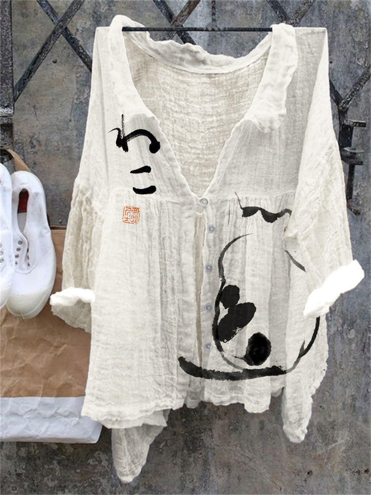 Comstylish Japanese Art Cat Print Linen Loose Shirt