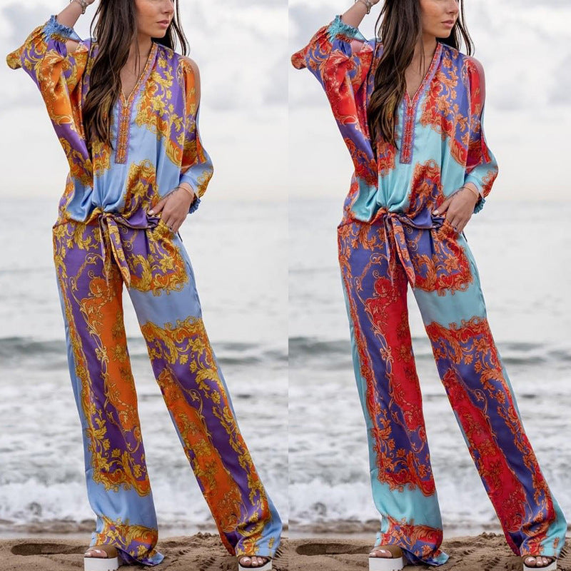 Spring Summer Clothing Printed Long Sleeved Top Straight Pants Suit