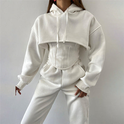Autumn Winter Hooded Sweater Blouse Camisole Waist Pants Three Piece Set for