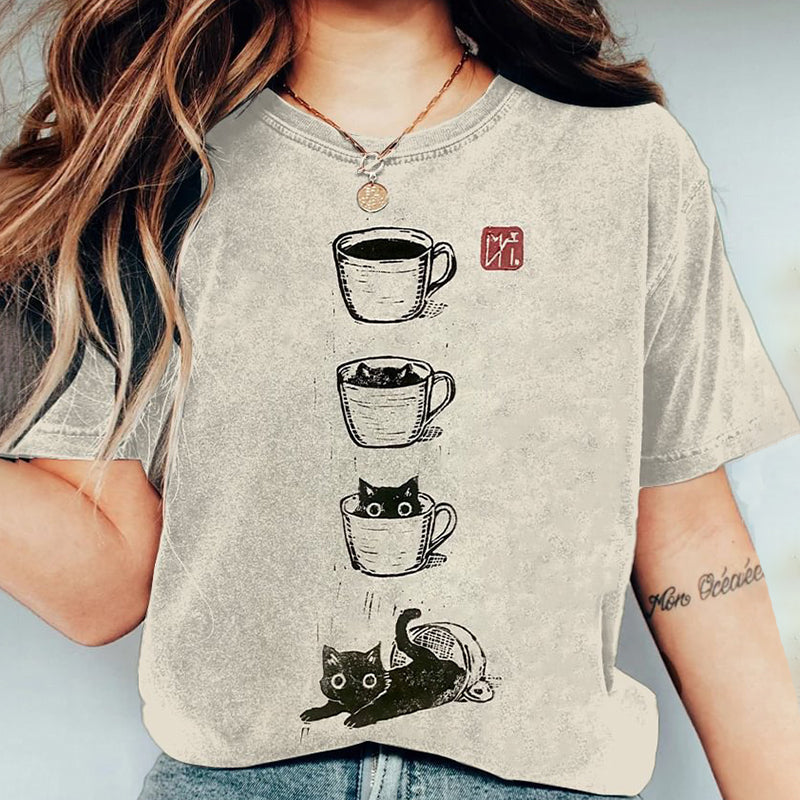 Women's Cat Coffee Cup Japanese Art Painting Print T-Shirt elevenforest