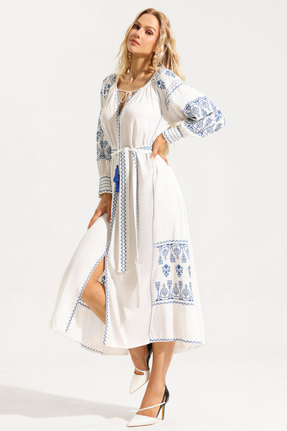 Paisley Embroidered Lace Up Maxi Dress