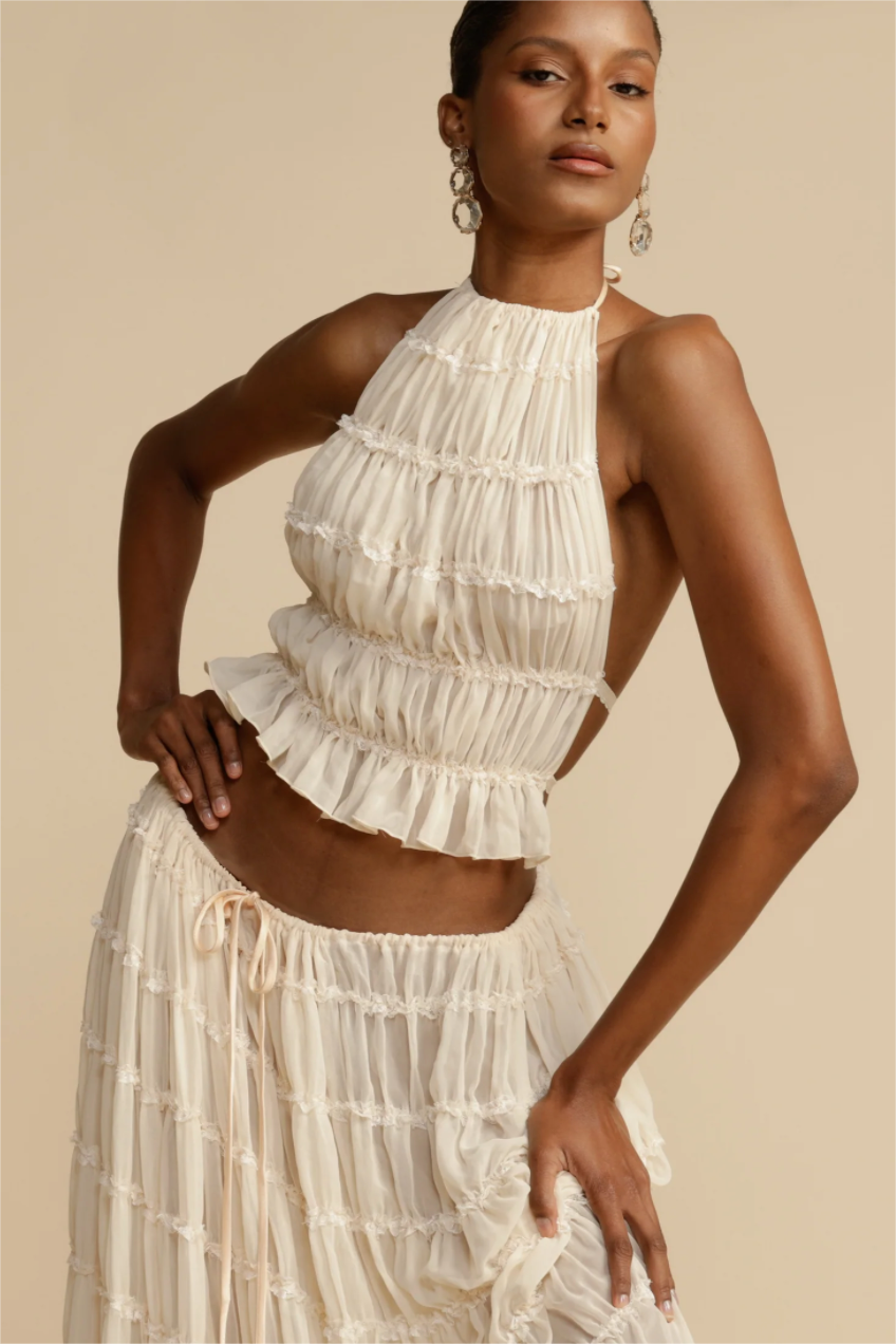 Smocking Halter Neck Backless Top ?mid Waist Maxi Skirt Set