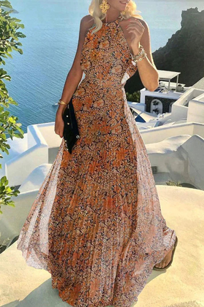 KS | Bohemian print patchwork halterneck pleated dresses