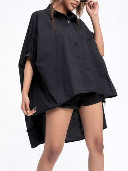 Batwing Sleeves High-low Color Lapel Blouses&shirts Tops