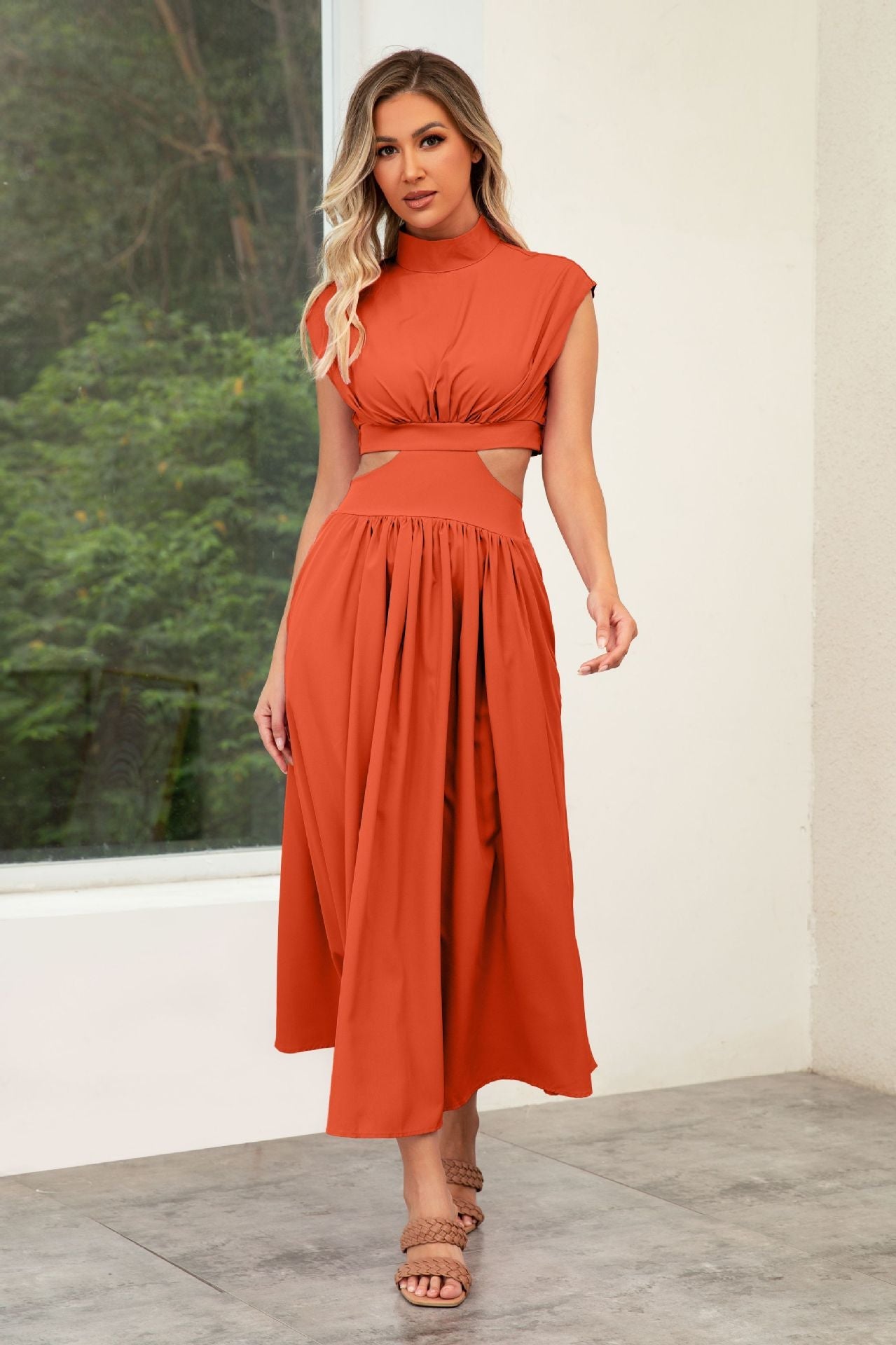 Self Made Real Shot Summer Sweet Stand Collar Macaron Color Cropped Outfit Maxi Dress