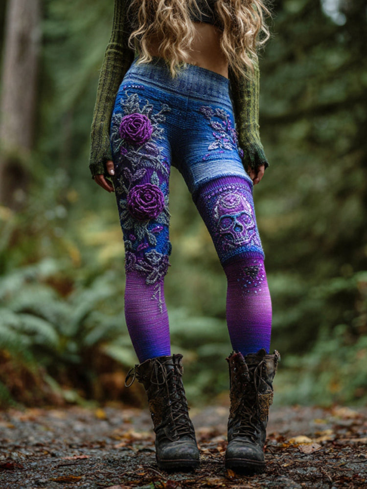 Women's Vintage Skull And Rose Patchwork Comfortable Leggings elevenforest