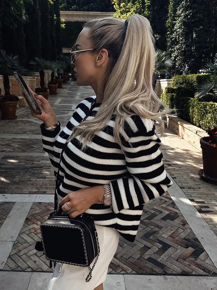 Tossy Zebra Printed Sweater Cardigan Loose Striped High Waist Patchwork Outwear Knitwear Female Coat