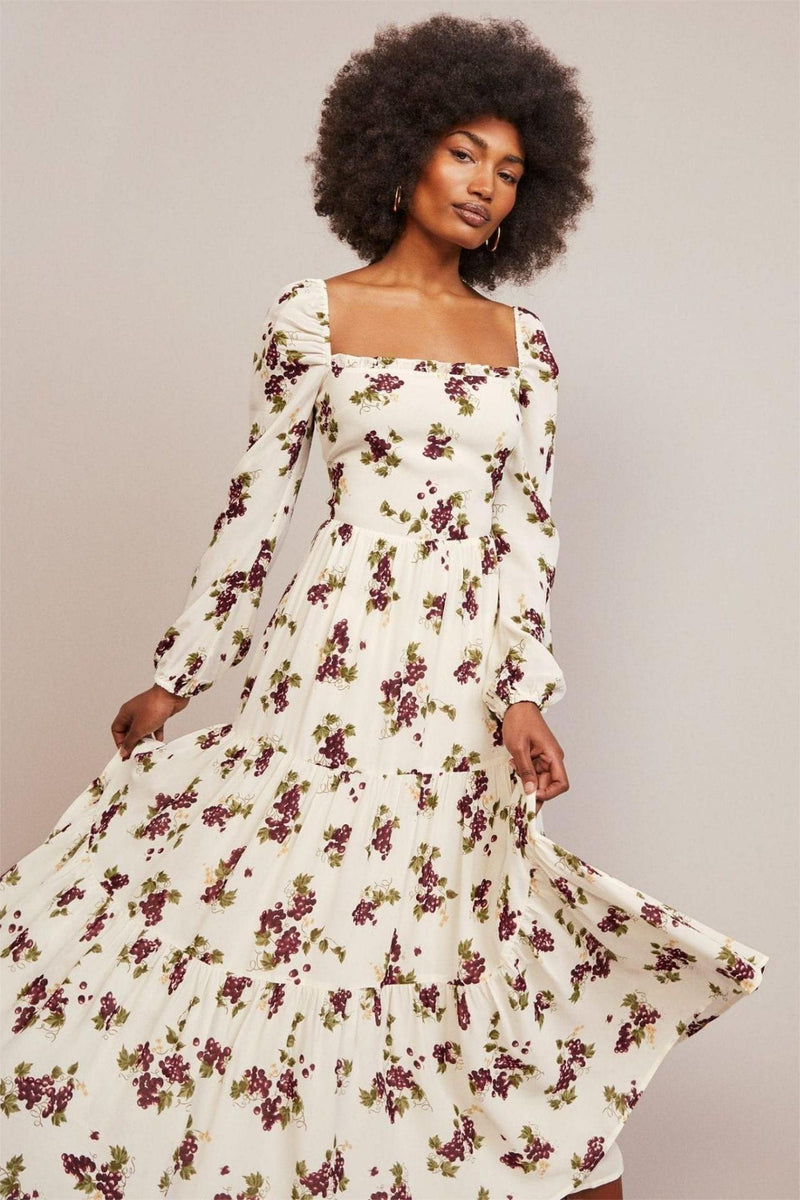 Printed Long Sleeve Square Collar Midi Dress