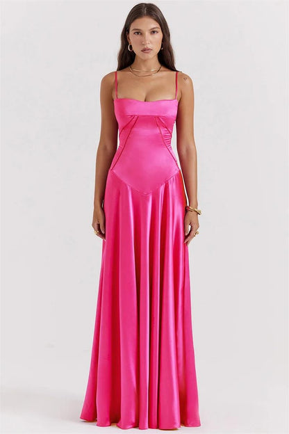Satin Lace Up Maxi Dress Fuchsia