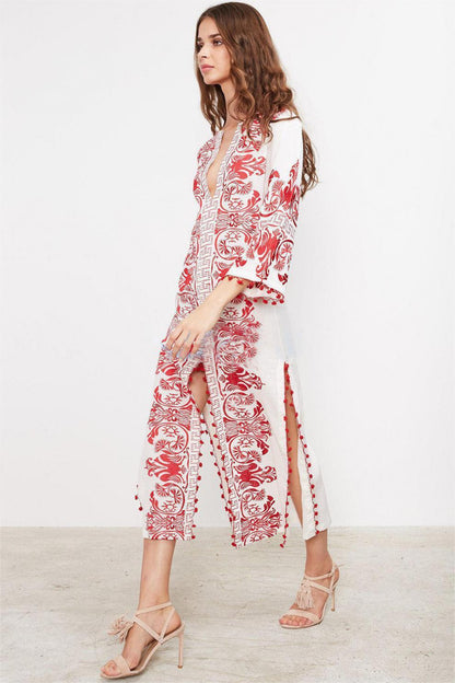 V-neck Embroidered Slip Midi Dress