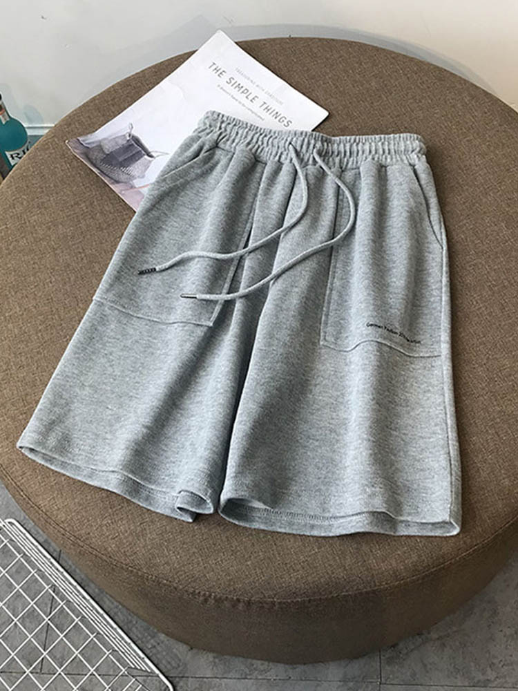 Summer High Waist Wide Leg Short Pants Black Knee Length Pants Drawstring Korean Pure Cotton Loose Holiday Trousers