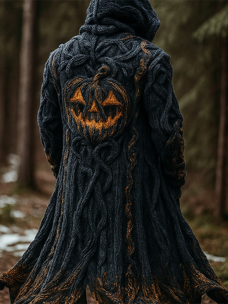 Halloween Pumpkin Emoji Men's Chunky Knit Hooded Long Cardigan artswardrobe