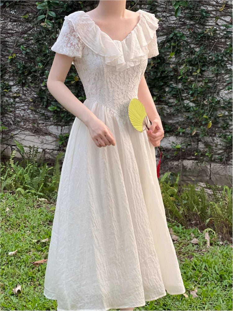 New Summer Off Shoulder Midi Dress Lace Patchwork Ruffles A-line French Prom Robe Vestidos