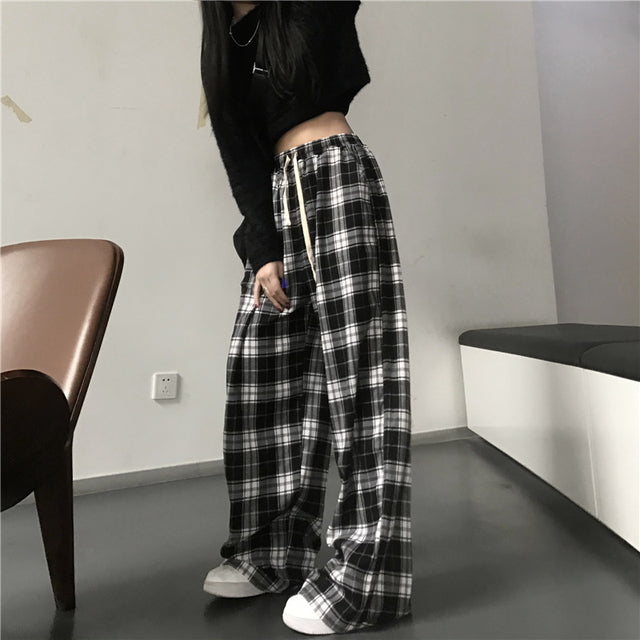 Oversize Sweatpants Black Plaid Pants Baggy Elastic Waist Pockets Student Hip Hop Loose Trousers