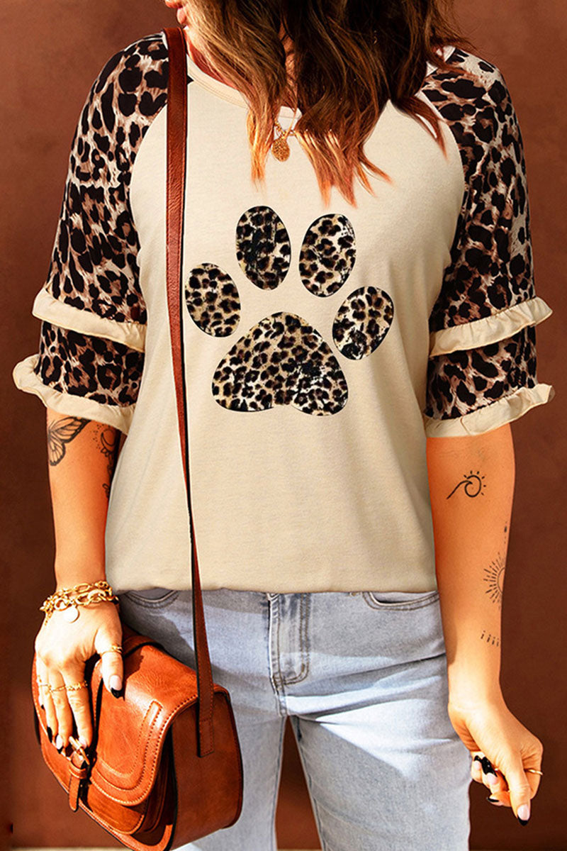 Print Leopard Patchwork O Neck T-shirts(5 Colors)